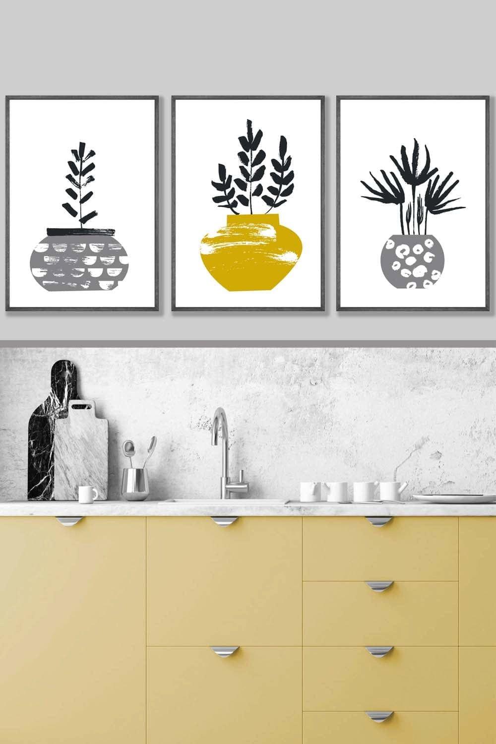 Scandi Yellow Grey Cactus Pots Framed Wall Art - Large